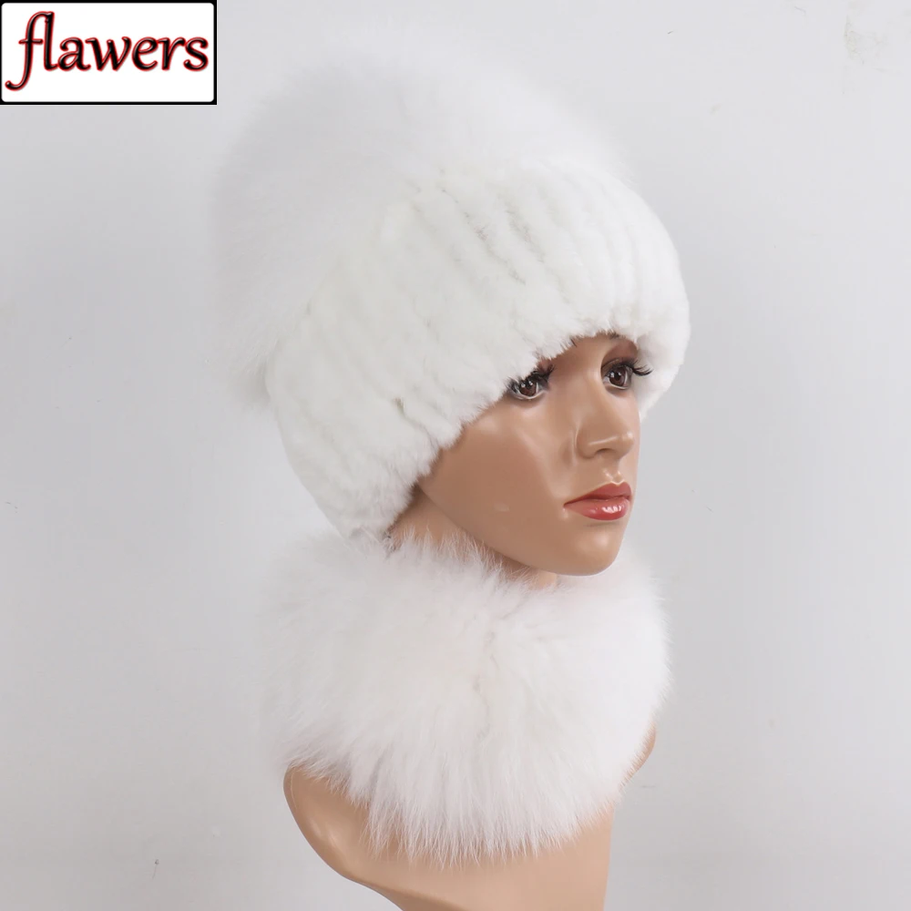 

Hot Sale Women Winter Real Fox Fur Hat Scarf Sets Girls Real Rex Rabbit Fur Cap Warm Knitted Real Fox Fur Scarves Hats 2 Pieces