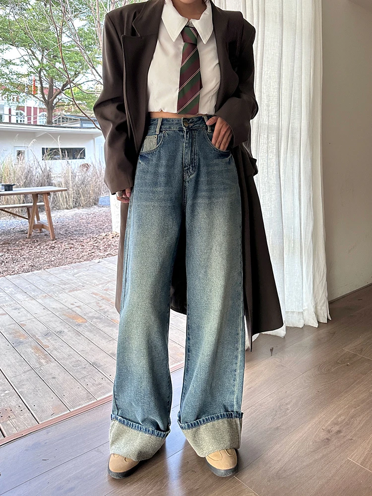 

Retro Stylish Elegant Warm Fleece Jeans Women Korean Chic High Waist Wide Leg Loose Causal Y2K Denim Pants Pocket Blue Trousers