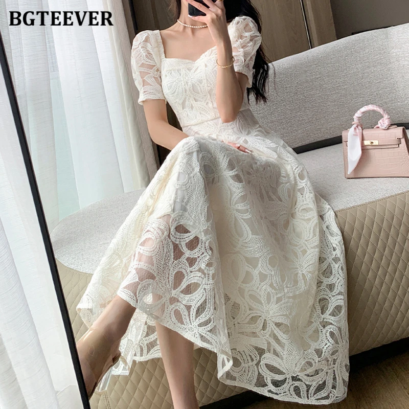 BGTEEVER Vintage Square Collar Female A-line Dress Summer Elegant Short Sleeve Women Lace Dress Ladies Vestidos