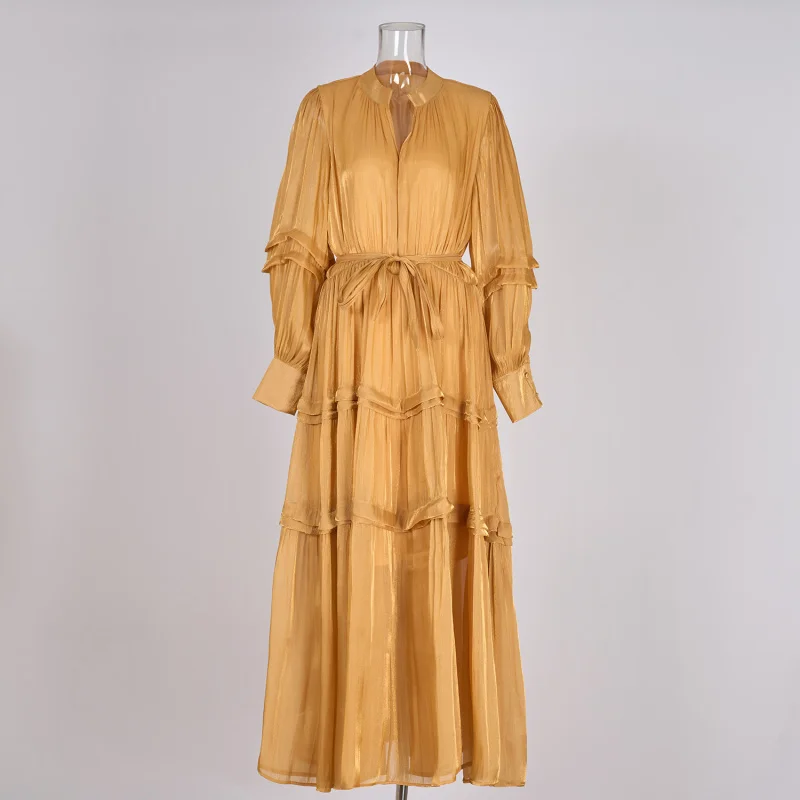 

Real Shot British Fashion Solid Color Silk Half-Open Collar Waist-Cinching Multi-Layer Pleated Long Dress Four Colors