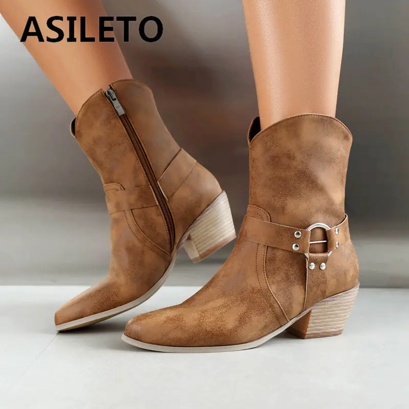 ASILETO Fashion Women Ankle Boots Round Toe Block Heels Zipper Metal Decoration Large Size 46 47 48 Retro Daily Female Booties