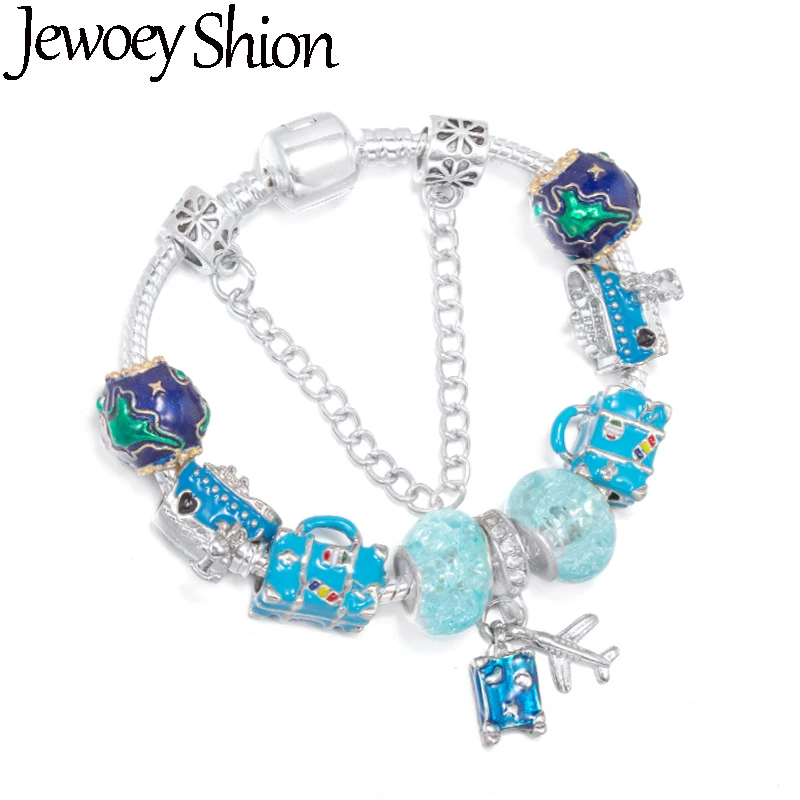 The Earth & Pleasure-boat & Luggage Beads With Airplane Pendent Chain DIY Brand Charm Bracelet Jewelry For Women Making Gift New