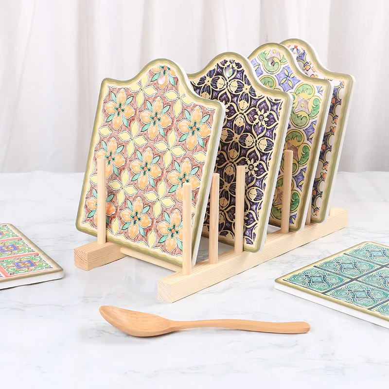 4pcs Ceramic Square Insulated Pot Pad Household Decorative Meal Pad Simplicity Tile Series Scratch Proof Cork Pad