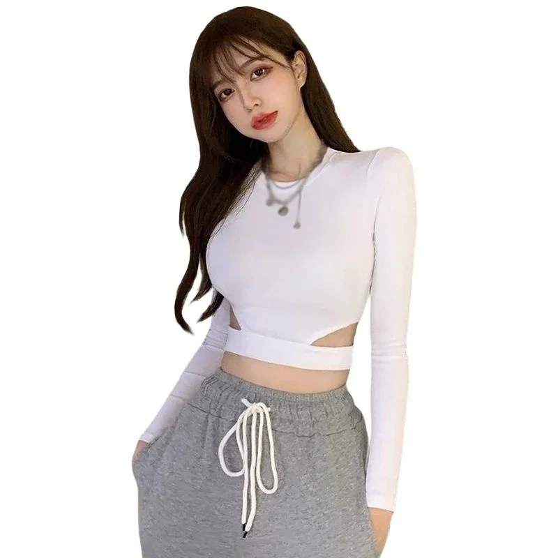 

Slim Hollow Crop Top Women Basic Long Sve Tirt Cleanfit Sle Ladies Faion Summer Spring Autumn Seasonal Wear