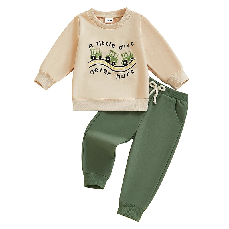 Toddler Boys Fall Outfits Haulage Motor Letter Embroidery Long Sleeve Sweatshirts and Long Pants 2Pcs Clothes Set