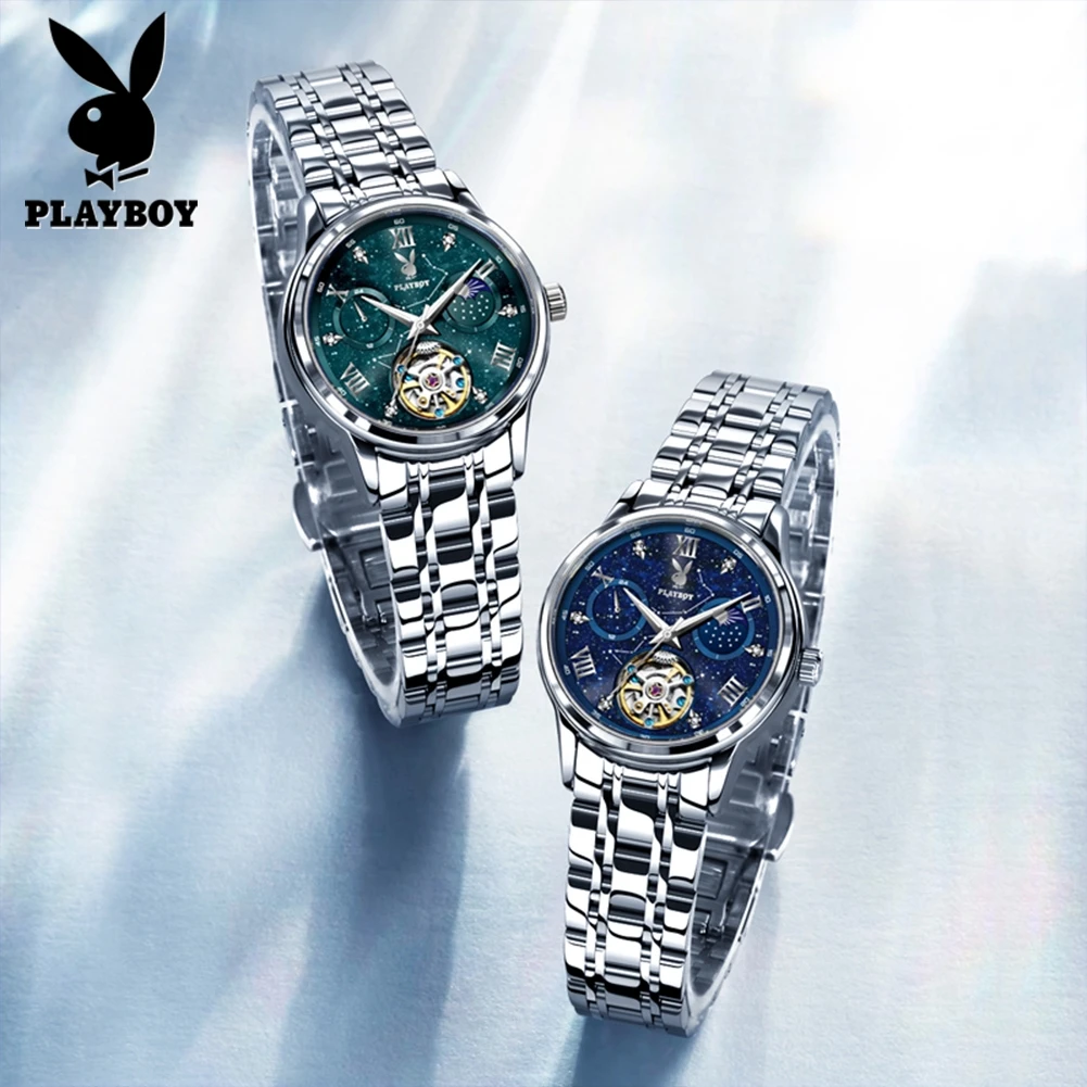 PLAYBOY Automatic Women's Watches Stainless Steel Starry Sky Skeleton Flywheel Luxury Brand Ladies Mechanical Wristwatches 3057