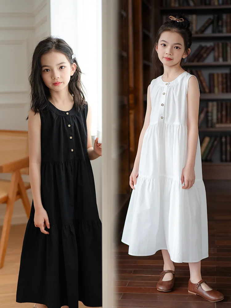 

2025Summer Girls Vacation Beach Vest Long Dress New Fashionable Big Kids Pure Cotton Sleeveless Loose Dress
