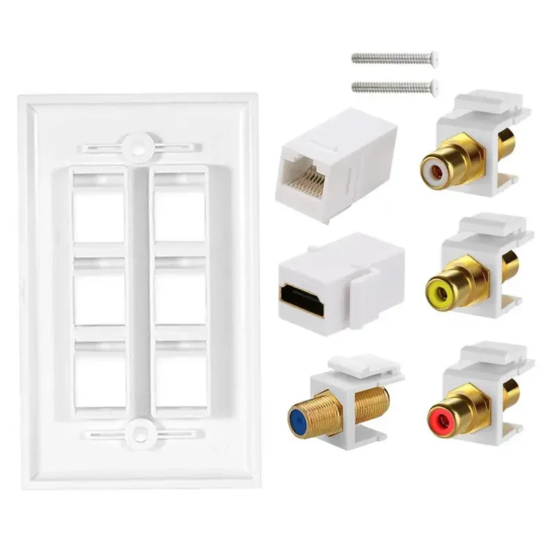 6-Port TV F Head Network Cable Port CAT6 Lotus Audio Video RCA Audio HDMI Compatible Wall Socket Multimedia Panel