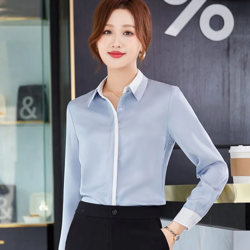 NAVIU Fashion Gray Shirt Women New Spring Temperament Elegant Patchwork Satin Long Sleeve Formal Blouses Office Ladies Work Tops