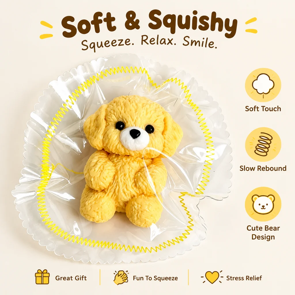 Cute Yellow Puppy Squishy Toy Food Grade Silicone Fluffy Texture Dog Design Soft Squeeze Sensory Toy Stress Relief Animal Fidget