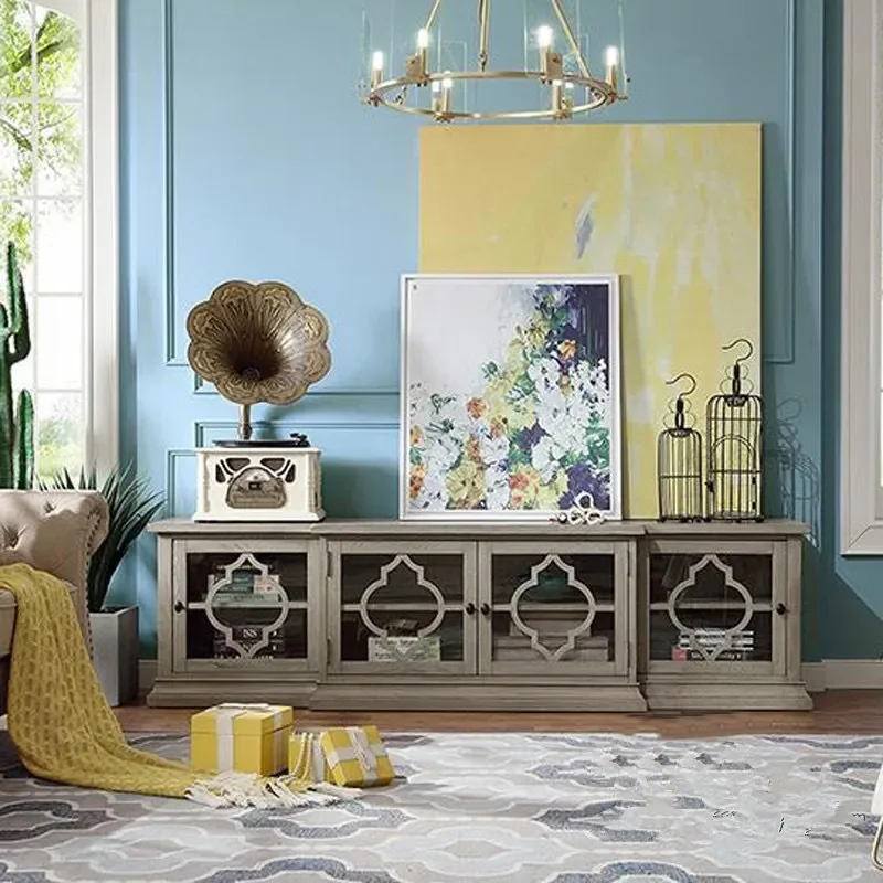 American Country Solid Wood TV Cabinet French Retro Oak Carved Log Color Audio Visual Storage Cabinet High End Furniture
