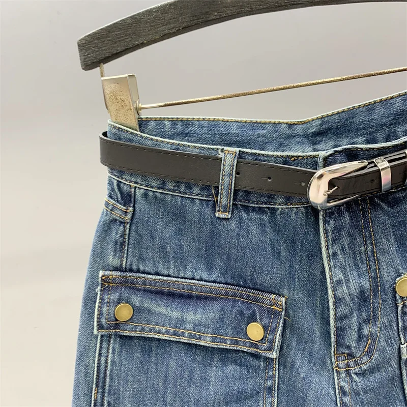 Zoci-saia midi jeans de bolso grande feminina, novo estilo, linha A, cintura alta, abraço do quadril, verão 2022