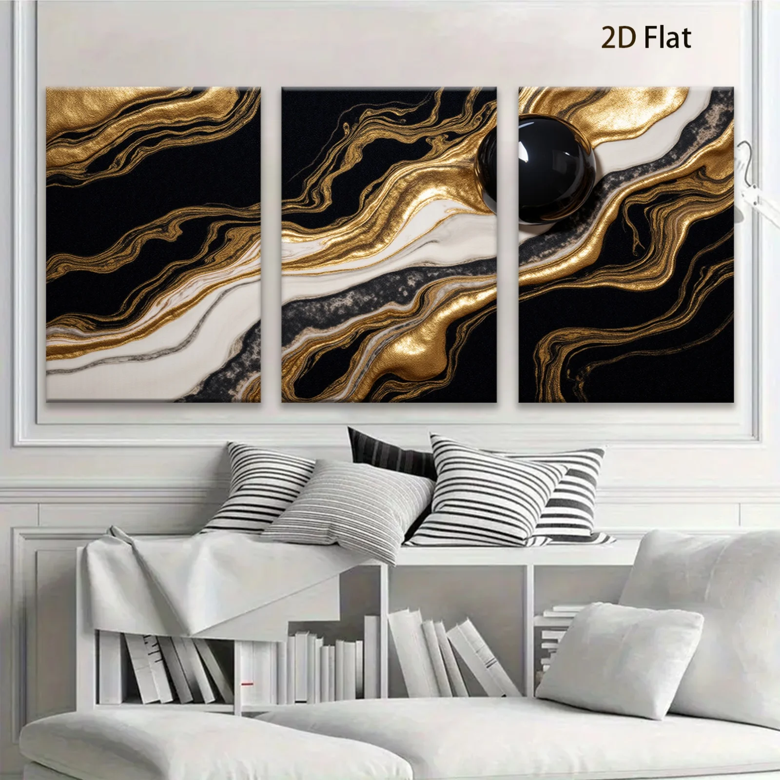 Frameless 2D Flat, Elegant Black And Golden Marble Artwork Ideal for Decorating Interiors in Residences, Workplaces, Kitchens