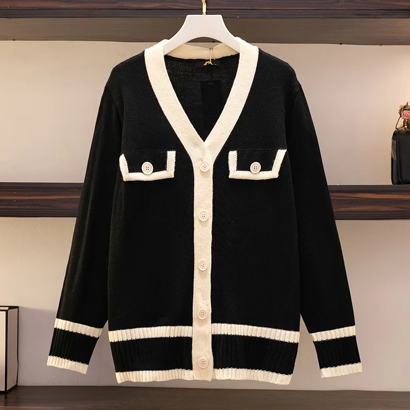 

Large Size Women's Bust 155 Spring Autumn Loose Small Fragrance Sweater Knitted Cardigan Coat Black 5XL 6XL 7XL 8XL 9XL 150Kg