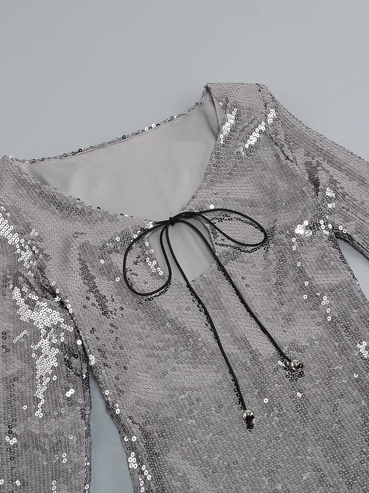 Sexy decote em v rendas lantejoulas mini vestido feminino prata cinza lantejoulas sheer boaycon vestido primavera elegante festa noite clube vestidos