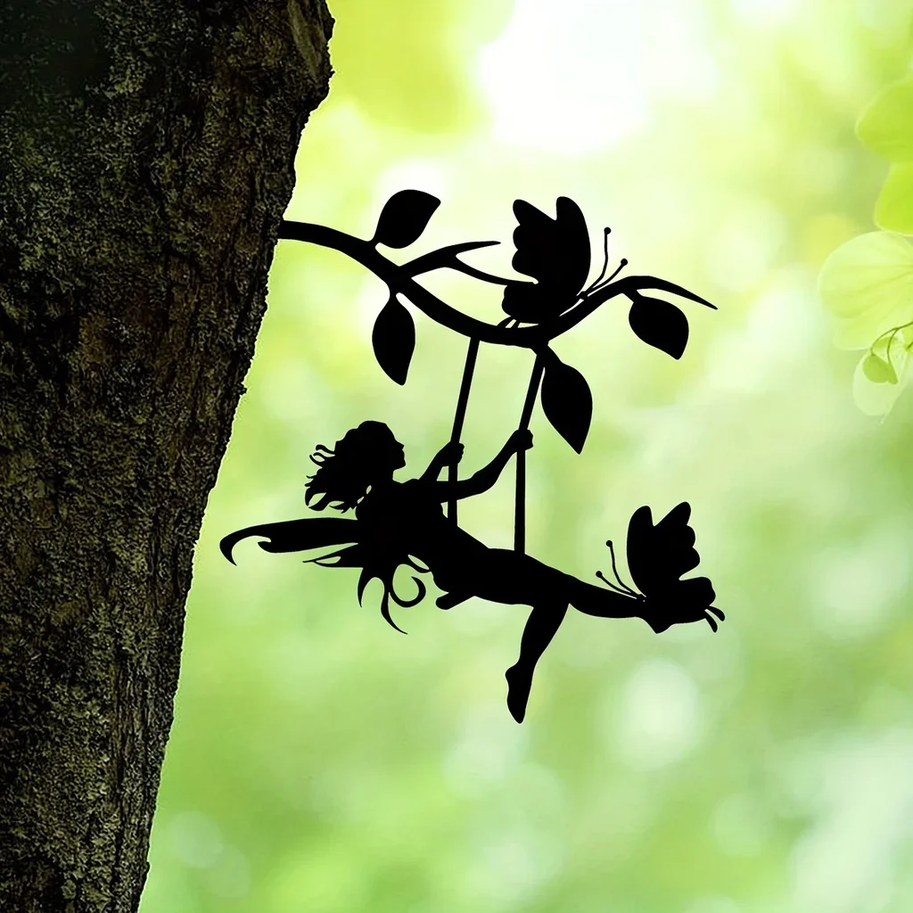 Huśtawka Elf na gałęzi stalowa sylwetka metalowa ściana artystyczny dom ogrodowa podwórko Patio statua palik dekoracja lub dekoracje na przyjęcie ogrodowe