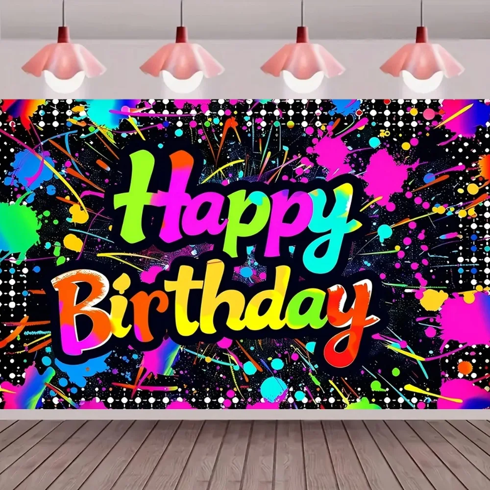 خلفية لافتة عيد ميلاد جرافيتي نافورة نيون حية، احتفال بعيد ميلاد سعيد، خلفية تصوير لتزيين نشاط الحديقة #3