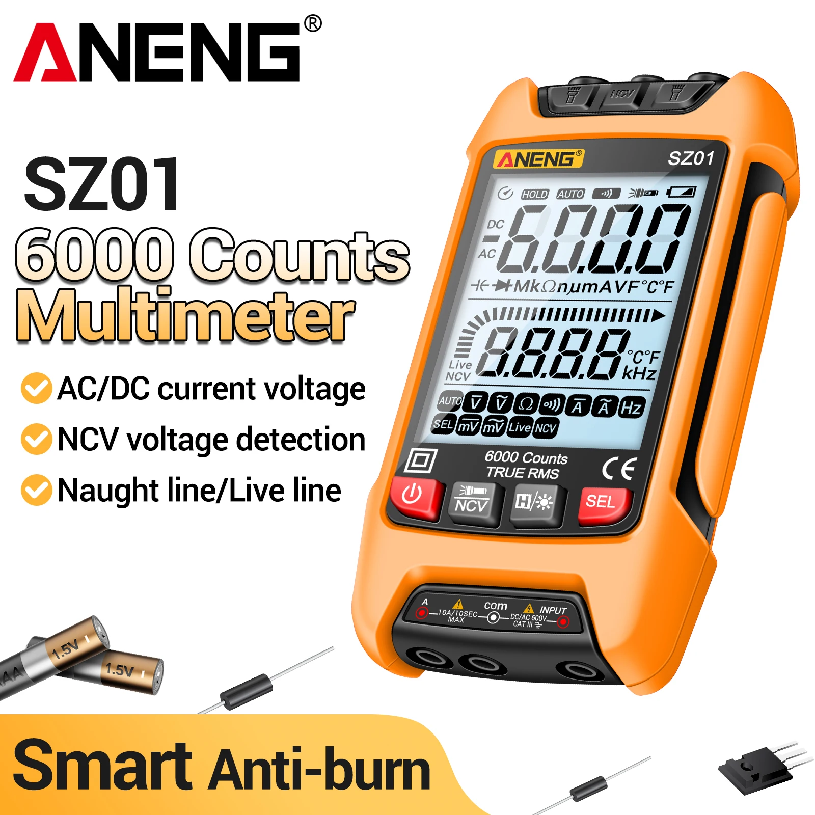 ANENG SZ01 Digital Multimeter 6000 Counts AC DC Voltage Current Resistance Hertz NCV Flashlight Backlight Live Wire Tester Meter