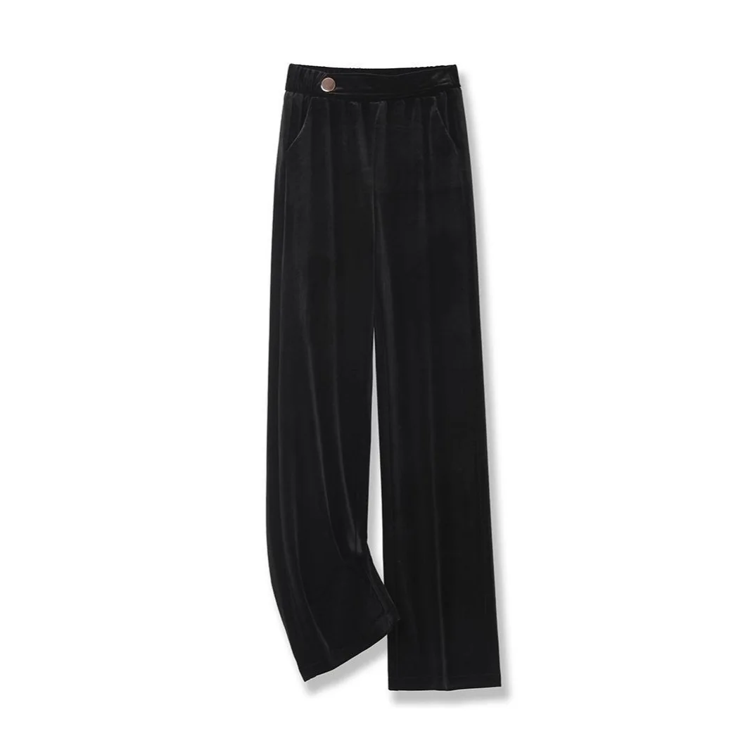 กางเกงขายาวเอวสูงทรงขากว้างสำหรับผู้หญิง ทรงเข้ารูป ผ้ากำมะหยี่สีทอง ทรงตรง สวมใส่สบาย แฟชั่นลำลอง สไตล์สตรีท