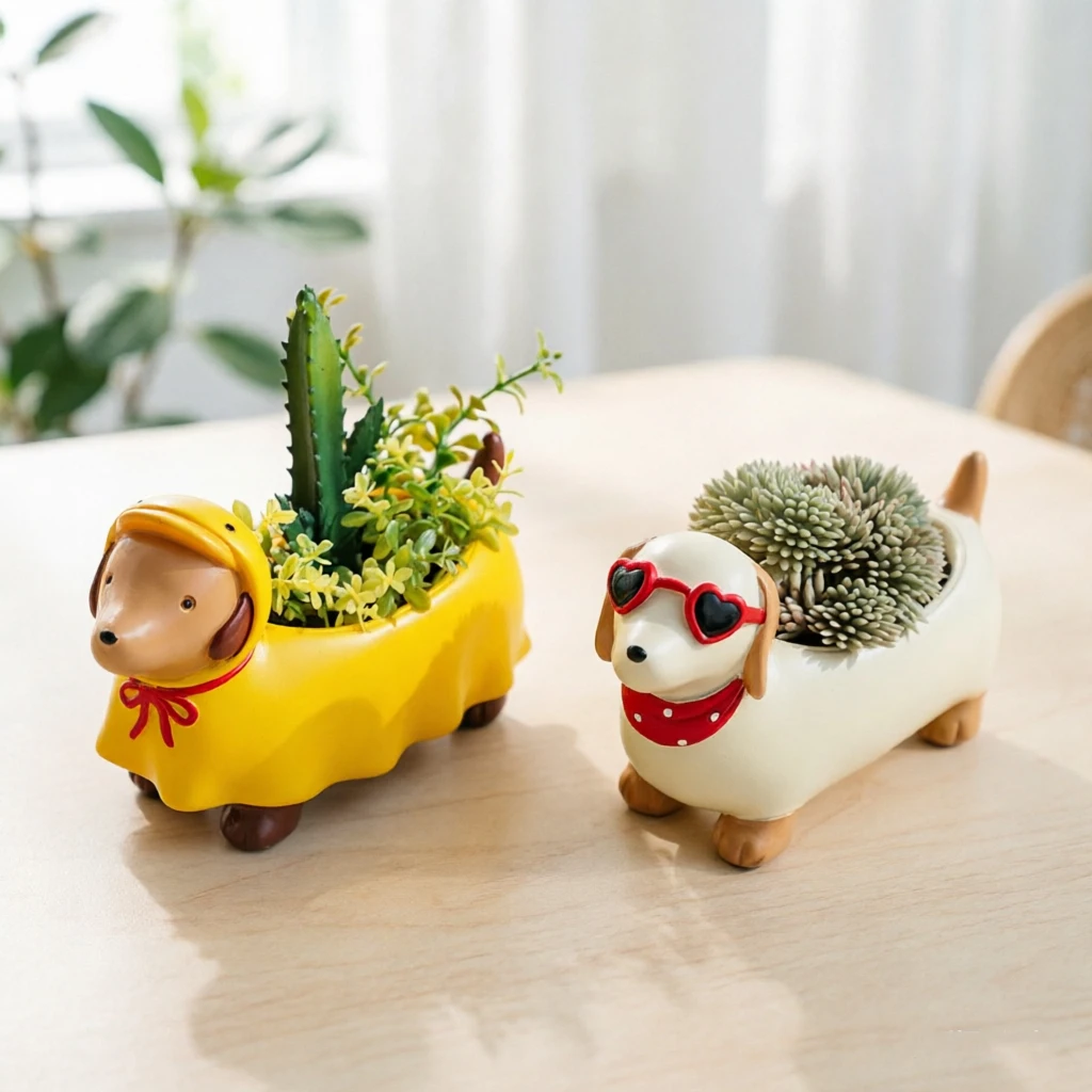 Cute Dachshund Resin Succulent Planter - Adorable Dog-Shaped Flower Pot with Drainage Hole for Indoor Plants, Desktop & Home Dec