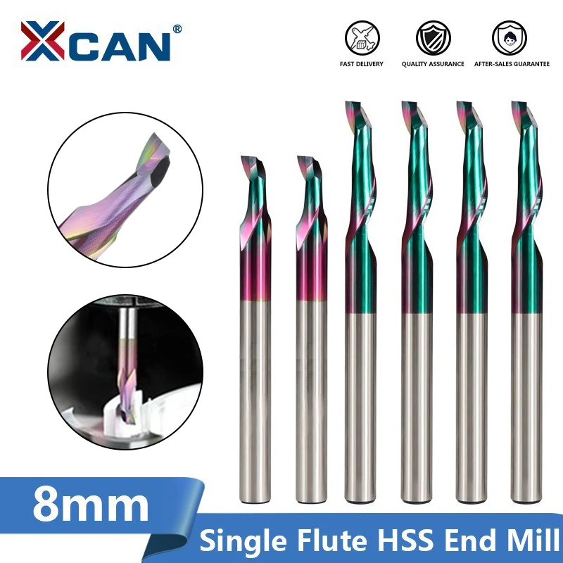 XCAN Milling Cutter 8mm Super Coated Single Flute HSS End Mill for Aluminum Door Window Cutting CNC Aluminum Cutting Router Bit