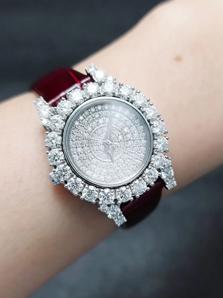 New High Quality Women Quartz Wristwatch Luxury Moissanite Diamonds Genuine Leather Strap Banquet Fashion Ladies Accessories