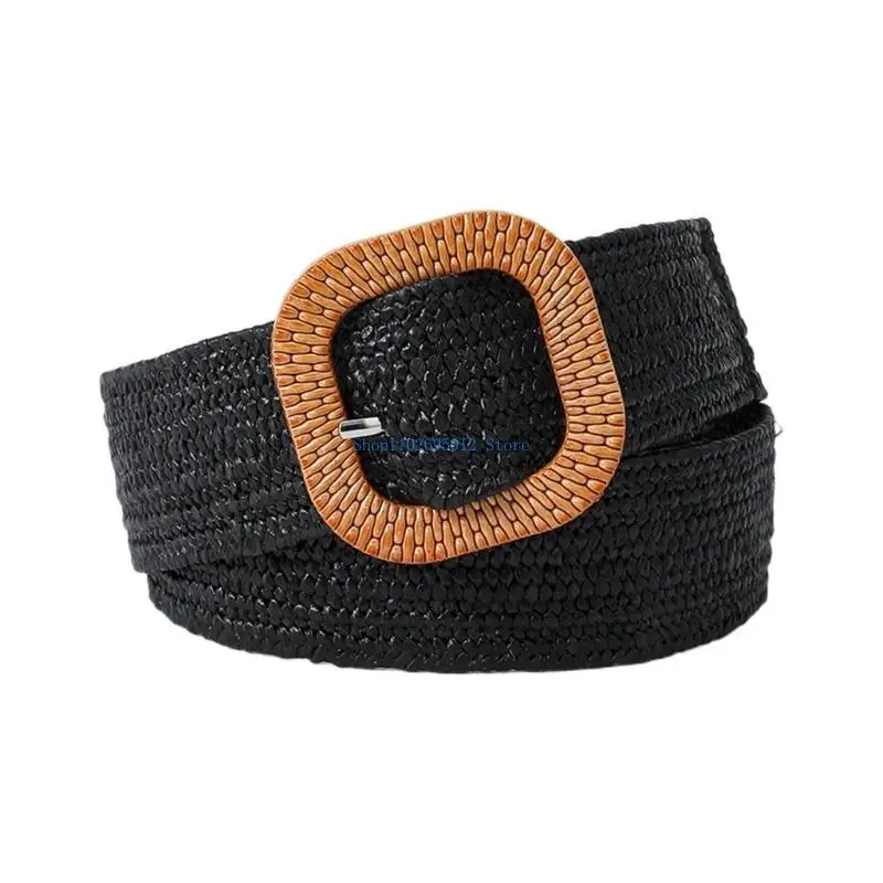 

N7YE Vintage Bohemian Straw Braided Wide Belt for Women Colorful Buckle Ladies Dress Belt Fashion Female Strap Accessories