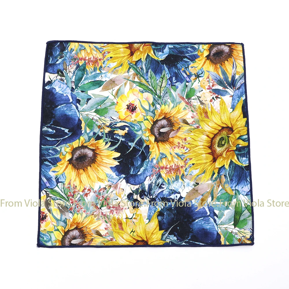 New Vintage Garden Oil Painting 23cm Handkerchief 100%Cotton Sunflower Women Men Wedding Party Suit Pocket Square Gift Accessory