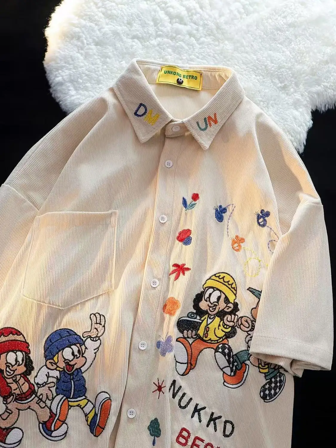 

Summer New American Vintage Cartoon Embroidery Corduroy Short Sleeve Shirt Women School Style Versatile Cardigan