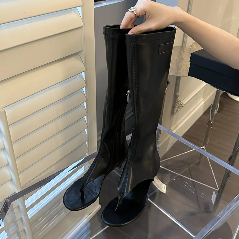 Eilyken Clip Toe Low Heels Knee High Boot Sandals Woman Fashion Zipper Banquet Summer Shoes Designer Flip Flops Botas Mujer