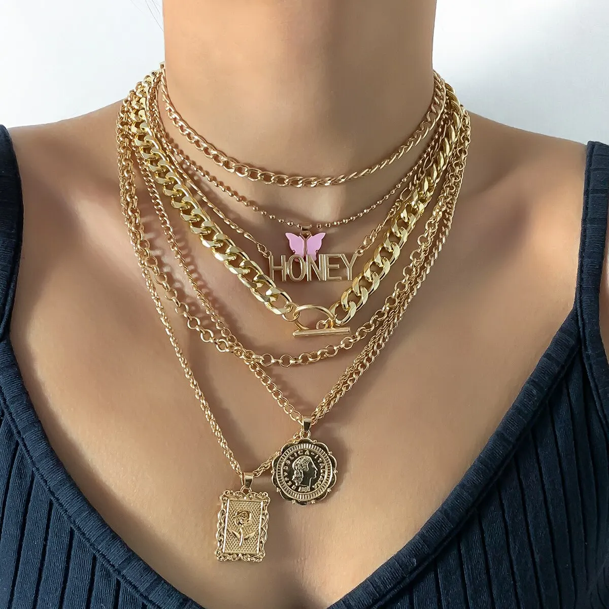 Collier pendentif pièce de monnaie papillon punk pour femme, fleur rose, bijoux vintage, OT strucHoney JOGrunge, Steampunk, nouveau, ensemble de 7 pièces