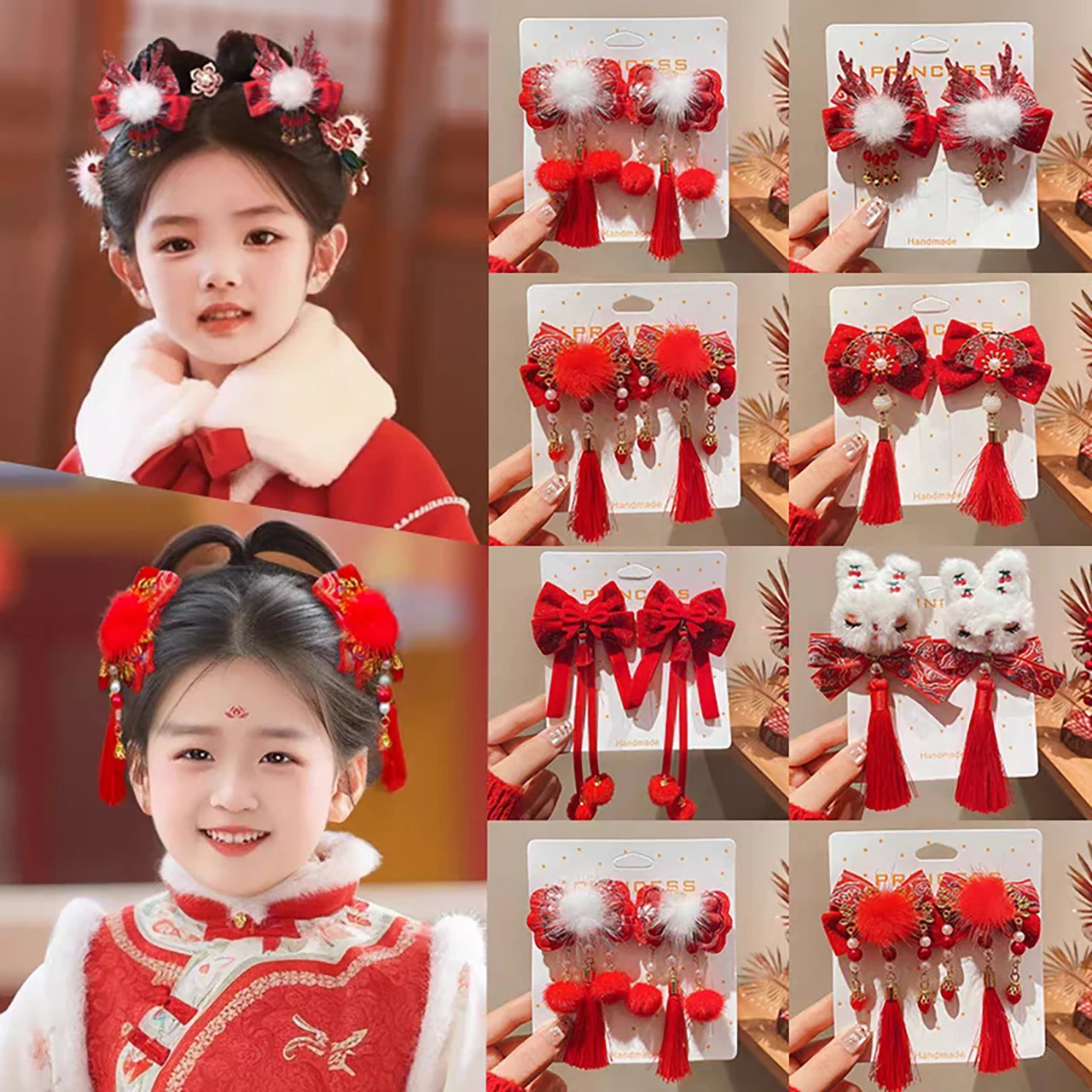 

New Year Headwear for Kids Chinese Style Red Hairpins Beads Tassel Hair Clips Pearl Bow Barrettes Plush Ball Pendant Girl Clips