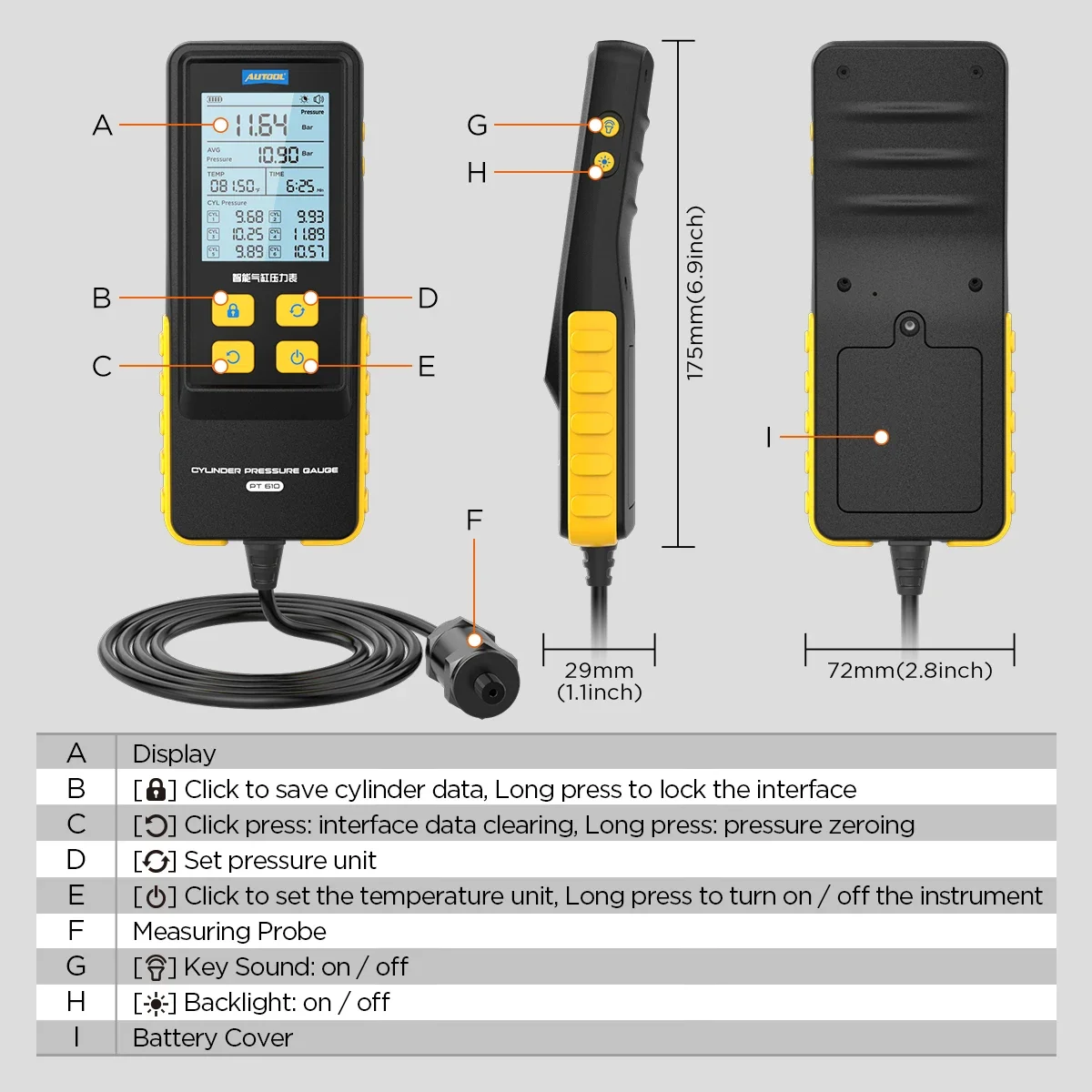 AUTOOL Custom Logo Factory PT610 Intelligent Cylinder Pressure Gauge Cylinder Tester Auto Test Tool