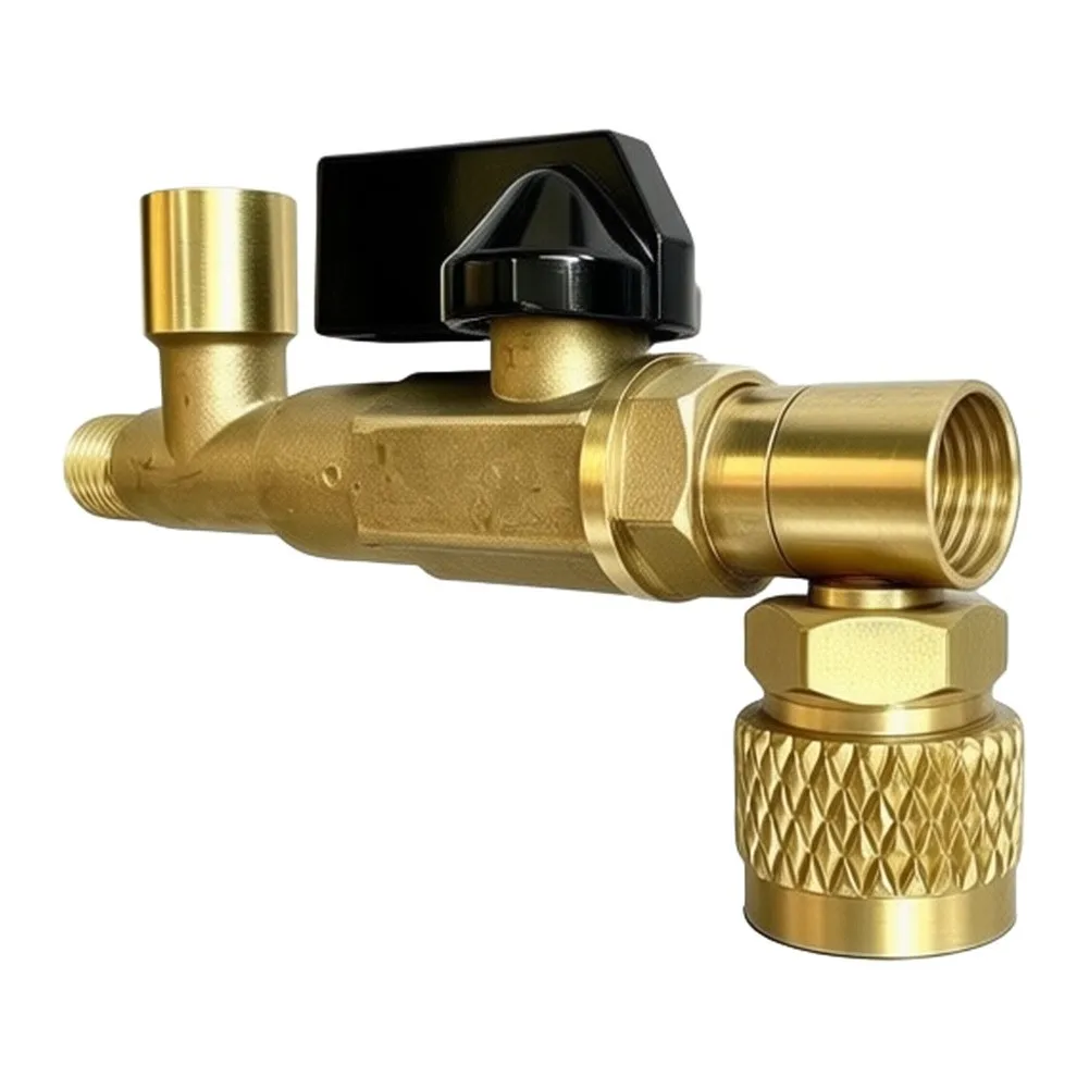 Three Way Brass Ball Valve Set for Refrigerant For Service with Gauge Adapter and Connector for HVAC Maintenance