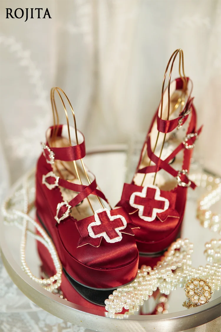 

Thick-Soled Satin Single Shoes Cross Dark Doll-Inspired Niche Coffin Black Shoes 6cm Elegant Red Ankle Strap Women Shoes