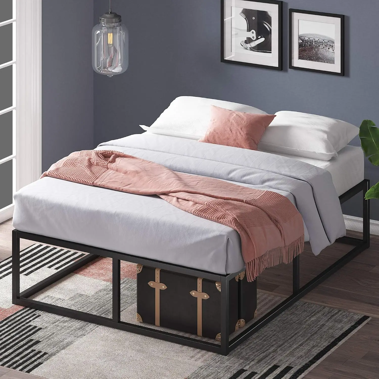 Modern Studio 14 Inch Platform Bed Frame With Wood Slat Support, Queen, Black, Customized