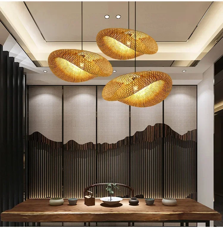 HandMade Bamboo Weaving LED Pendant Lamp Home Decor Hanging Chandelier Lighting Living Room Kitchen Vintage Rattan Woven Light