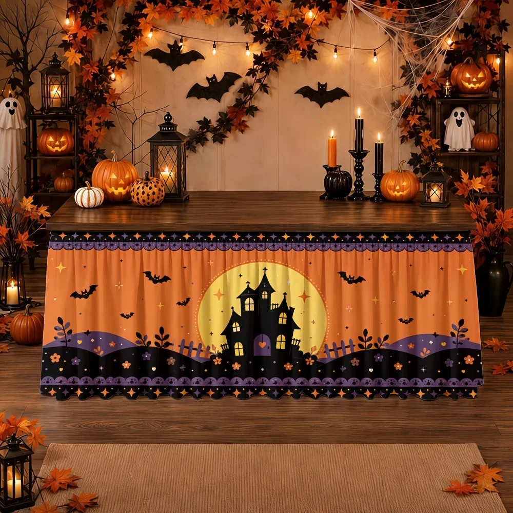 Send a tablecloth and table skirt 1 piece. Gothic style, Halloween castle, night sky, bats, stars, pumpkins.xzj