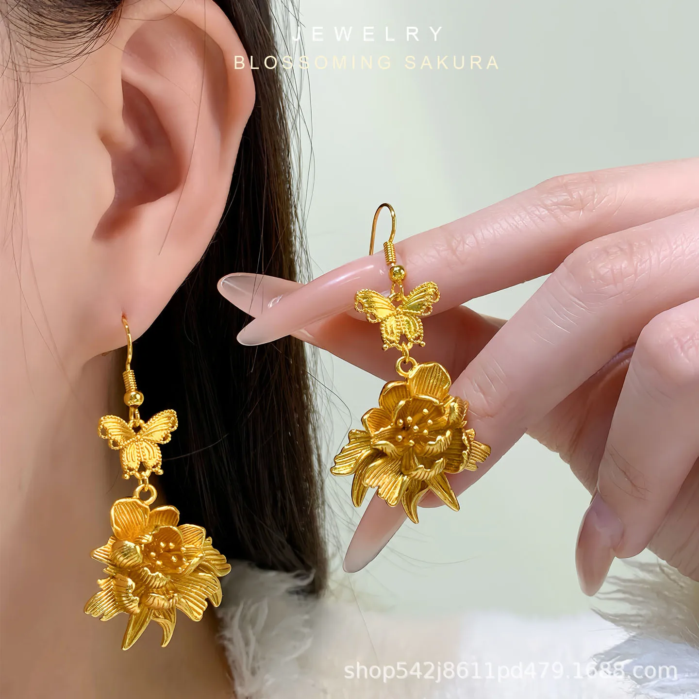 Luxury 24K 9999 Pure Gold real gold National Peony Butterfly Earrings Wedding Women's Earrings