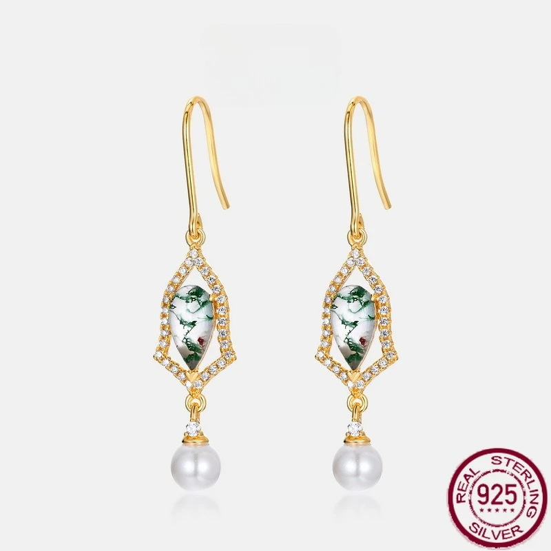 

New S925 pure silver retro water droplet green moss stone inlaid with water grass agate earrings light luxury wedding jewelry