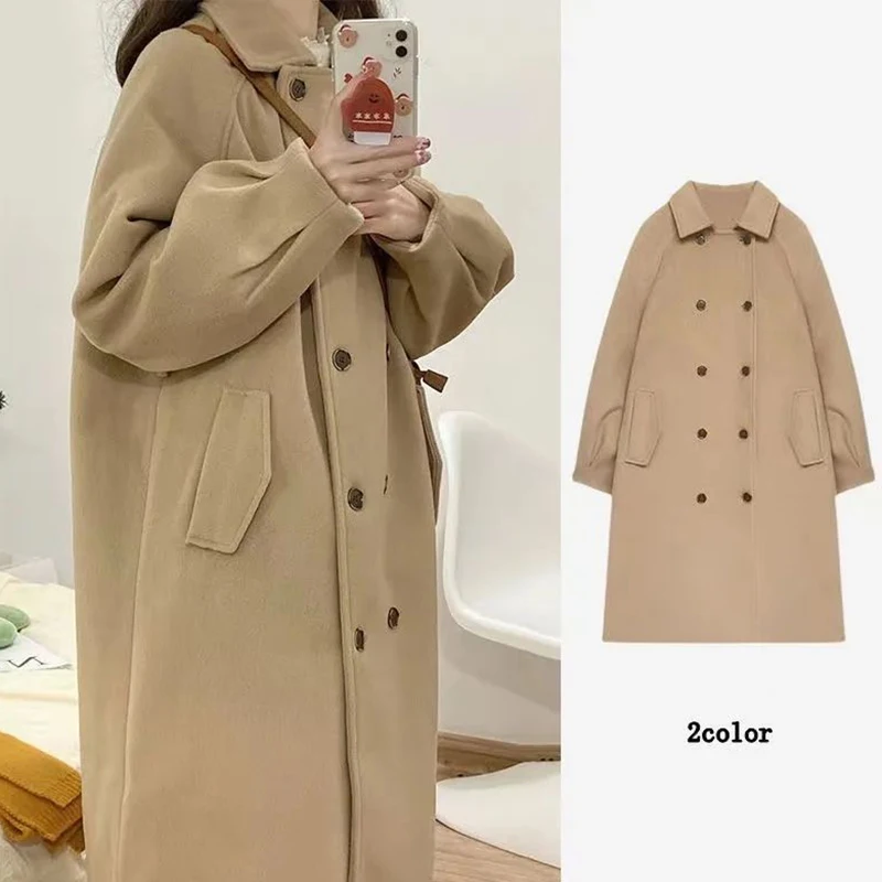 

Осенне-зимняя женская мешковатая повседневная куртка цвета хаки, женские классические шерстяные пальто, Лидер продаж, модная одежда в стиле ретро для девочек