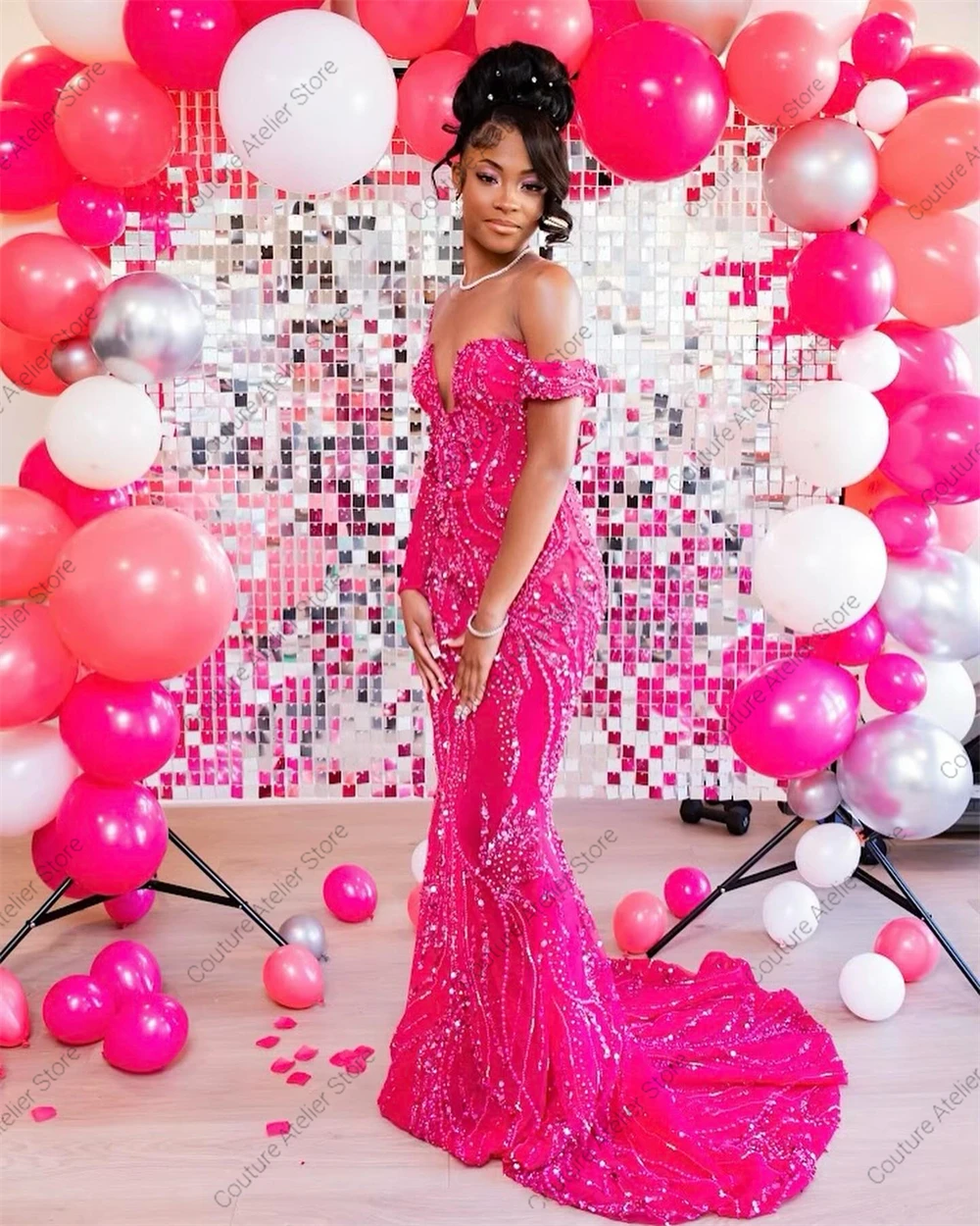 Luxury Hot Pink Off The Shoulder Beaded Evening Dresses 2024 African Glitter Crystal Mexican Wedding Engagement Gown Customized