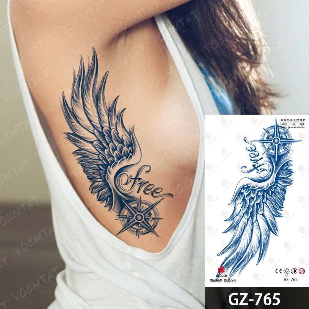Semi-Permanent Wings Compass Text Word Waterproof Temporary Tattoo Stickers Juice Lasting Tattoos Body Art Fake Tatto Women Men