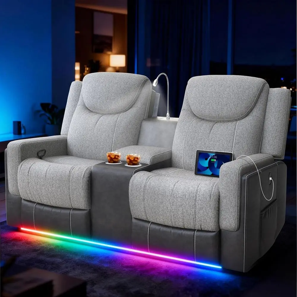 2-Seater Reclining Loveseat with Reading Light, Cup Holders, Storage, and USB Ports for Home Theater or Living Room