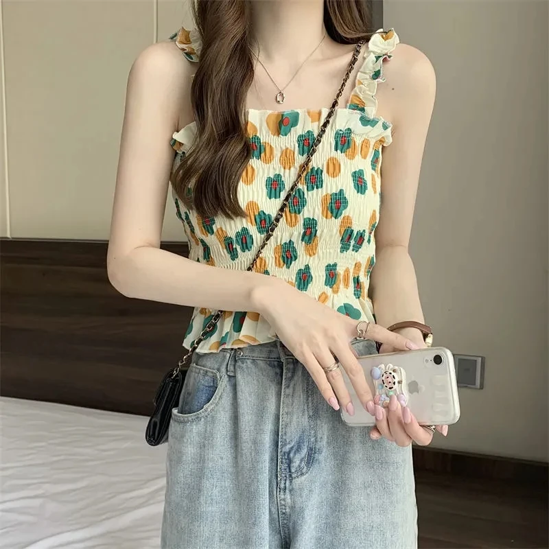 

Camisole Undershirt Women Summer Korean Slim Slim Wooden Ear Crushed Flower Short Versatile Tops Tide Cute