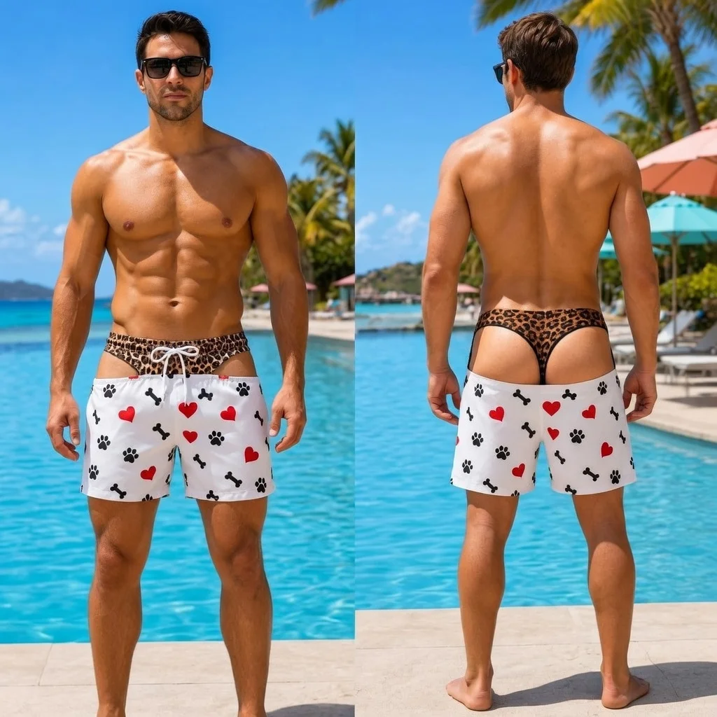 Men's Cut Out Beach Shorts 3D Tropical Pattern Summer Swim Trunks Funny Thong Bikini Gay Pride Hawaii Pool Party Board Shorts