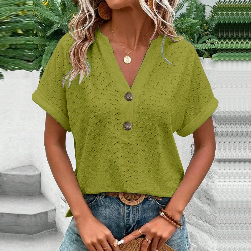 Olive Green Eyelet Jacquard Top for Women V Neck Button Down Rolled Cuff Short Sleeve Loose Casual Summer Blouse