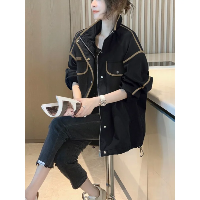 

2023 New Stand Collar Black Trench Coat Female Spring and Autumn Casual Women Korean Baseball Jacket Small Fragrant Wind Coat