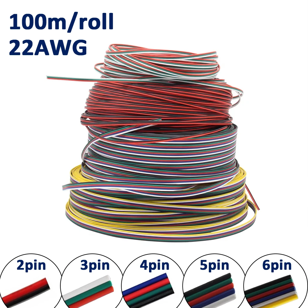 100m 22AWG Wire 2Pin 3Pin 4Pin 5Pin 6Pin Electric Cable for RGB RGBCCT CCT 2835 5050 LED Strip Tinned Copper Electrical Wire