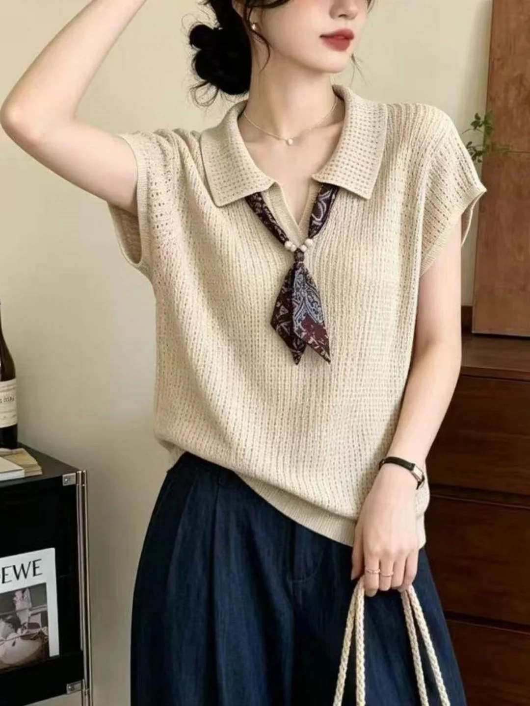 Elegant Neck Silk Scarf Knitwear Short Sleeve Women's T-Shirt Casual Versatile Top Breathable Lightweight Summer Fashion